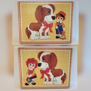 VTG Raggedy Ann & Andy Puppy Dog Litho Prints Cork Wall Art Set Of 2 8x10 Yellow